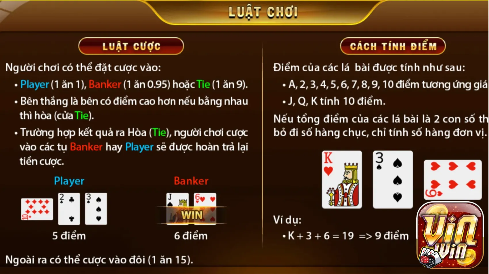 Luật rút thêm bài Baccarat Vinwin